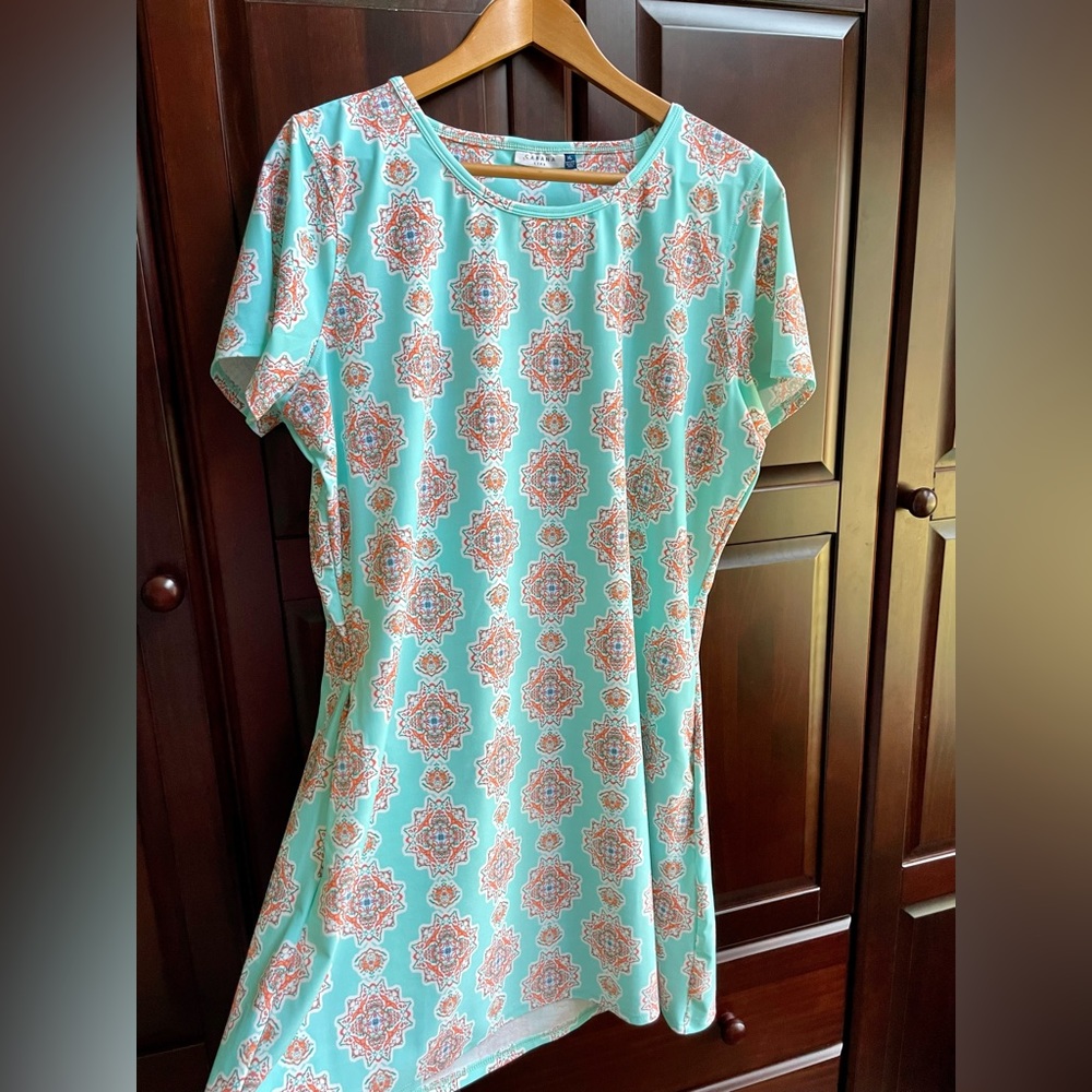 Cabana Life Short Sleeve Shift Dress, XL, Teal and Coral color pattern.